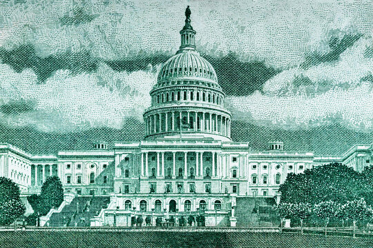 The United States Capitol on the back of the fifty dollar bill. United States national currency banknote fragment with U. S. Capitol