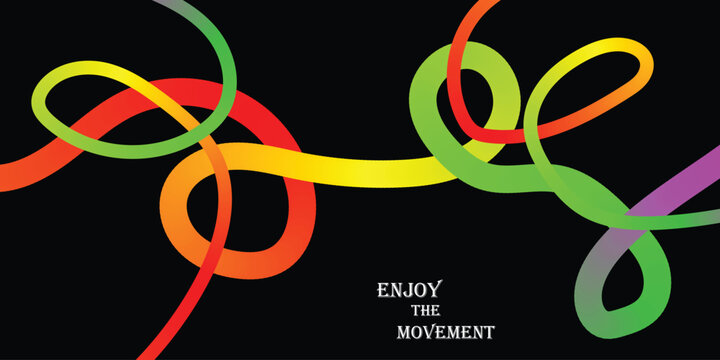 Vibrant, flowing lines in a spectrum of colors against a dark background with the inspiring phrase 'Enjoy the Movement' - a symbol of dynamism and progress