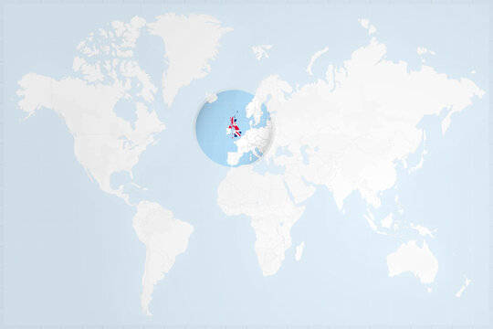United Kingdom Map with Flag in Magnifying Glass on World Map Background