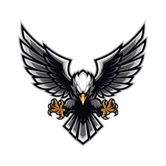 Fototapeta premium A powerful and aggressive stylized eagle mascot with spread wings, sharp talons, and a fierce expression, rendered in black, white, grey, and gold.