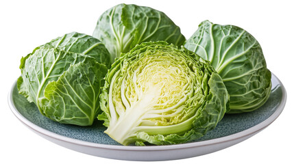 Fototapeta premium Whole and halved cabbage heads on plate over transparent background, fresh green vegetable concept.