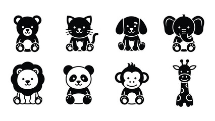 A collection of adorable black silhouette animal icons featuring a bear cat dog elephant lion panda monkey and giraffe high quality © Juma