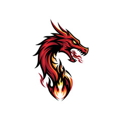 Obraz premium A fierce red dragon head with fiery flames licking its neck and tongue.