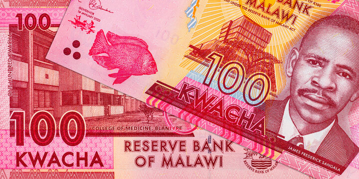 100 Malawian Kwacha banknote featuring the College of Medicine in Blantyre and a stethoscope. Money of Malawi. African paper money background.