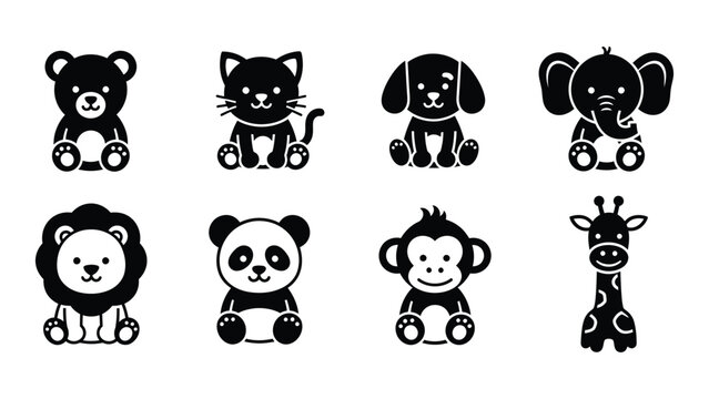 A collection of adorable black silhouette animal icons featuring a bear cat dog elephant lion panda monkey and giraffe high quality