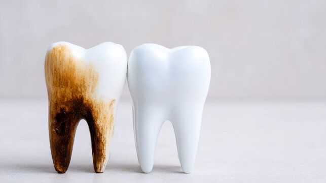Two tooth models side by side, one appearing healthy and white, the other showing severe staining and decay