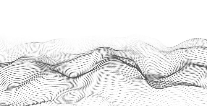 Vector abstract dotted wave landscape on white background. Black particle grid forms flowing 3D terrain. Minimal technology data visualization.