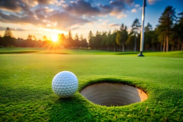 Obraz premium Golf ball on green grass near sand trap at sunset