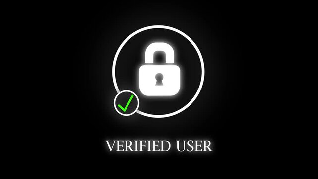 Verified User Icon With Glowing Padlock And Checkmark on Black Background Privacy Access Granted Identity Verification. 