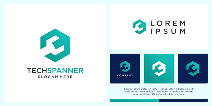 Tech spanner logo design template with hexagon