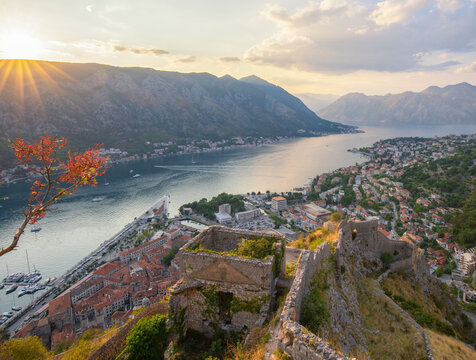 View of Kotor, Montenegro from Scenic Ladder Viewpoint with San Giovanni Fortress in Foreground and Bay in Background