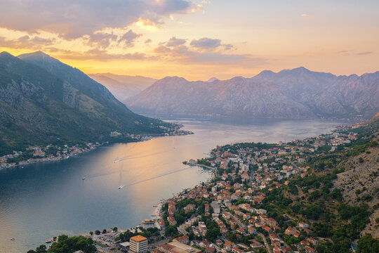 Boka Bay in Kotor, Montenegro at Sunset in Fall