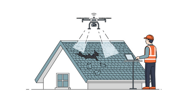 A male inspector uses a laptop while a drone scans a damaged grey-tiled roof of a house with light beams on a white background.