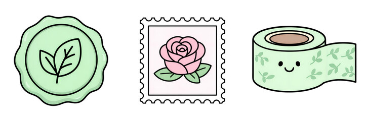 Leaf icon rose stamp decorative tape cute illustration pastel green simple design vector set transparency background for stationery scrapbook