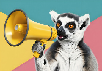 Fototapeta premium A ring tailed lemur intensely shouts into a bright yellow megaphone against a vibrant colorful geometric background creating a striking image