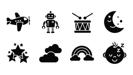 A collection of black silhouette icons depicting childhood themes such as airplanes robots dreams and playful imagery high quality professional detailed © Juma