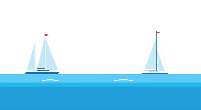 Two white sailboats with red flags sail on a calm blue ocean under a white sky.
