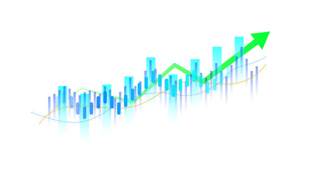 Cryptocurrency trading interface with blue bars and growth indicators. Financial analytics visualization showing positive stock exchange momentum and asset value rise.