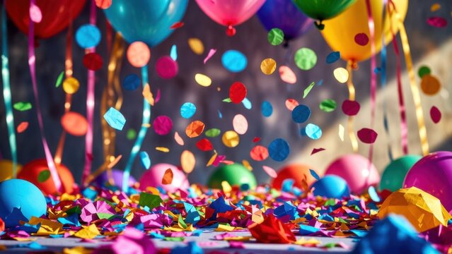 Multicolored balloons releasing confetti in party room