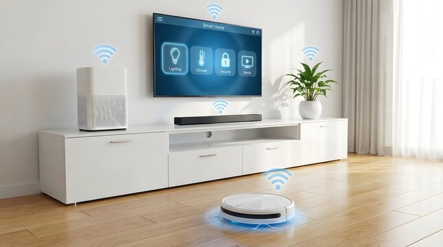 Smart home technology concept with connected devices in a modern living room interior