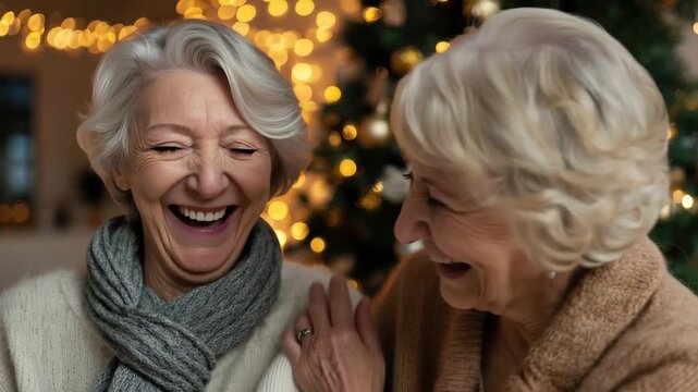 Senior female friends share laughter and joy together near a Christmas tree during the festive holiday season