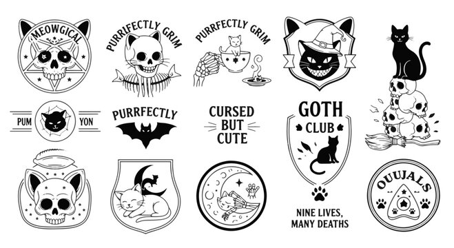 Gothic Sarcastic Skull and Cat Illustrations with Humorous Spooky Halloween Designs