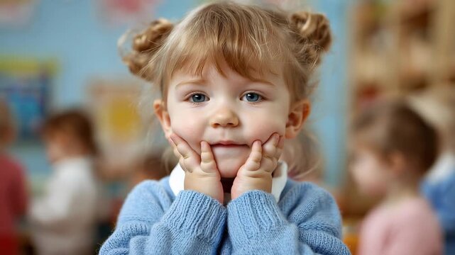 Controlling noise levels with a child covering ears at kindergarten during activity time with classmates nearby