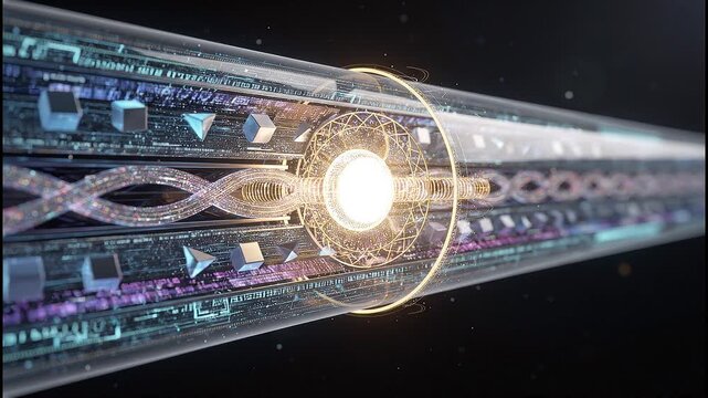 Data stream cross-section revealing internal architecture, nested channels, encryption rings, glowing core. AI generated cinematic macro