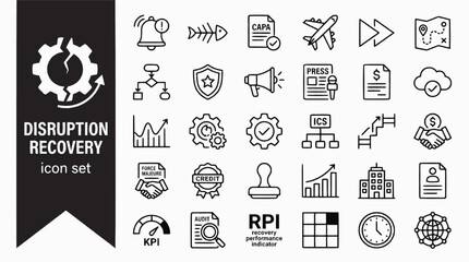 Fototapeta premium Supply Chain Disruption Recovery Bold Line Icons-Root Cause CAPA Expedite Re-Route Force Majeure ICS Emergency Sourcing Recovery KPI-25 Disruption Recovery Icon Set Vector