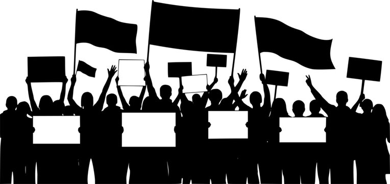 Crowd of people different ages poses holding placards banners sign and flags in solidarity demonstration silhouettes vector illustration isolated on white background