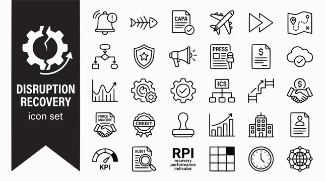 Supply Chain Disruption Recovery Bold Line Icons-Root Cause CAPA Expedite Re-Route Force Majeure ICS Emergency Sourcing Recovery KPI-25 Disruption Recovery Icon Set Vector