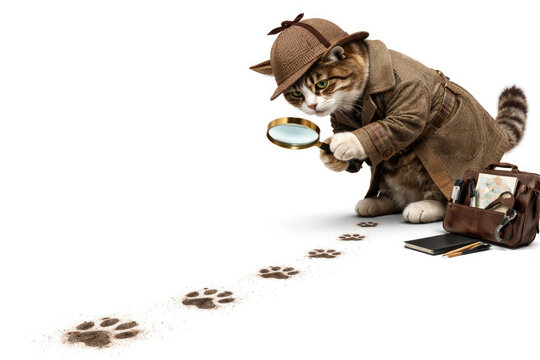 A cat in a detective costume with a magnifying glass and paw prints. Space for text.