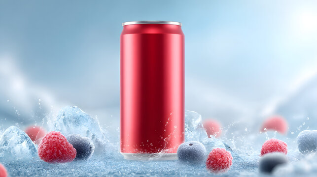 Refreshing red berry soda can surrounded by ice and fresh raspberries and blueberries with water splash.