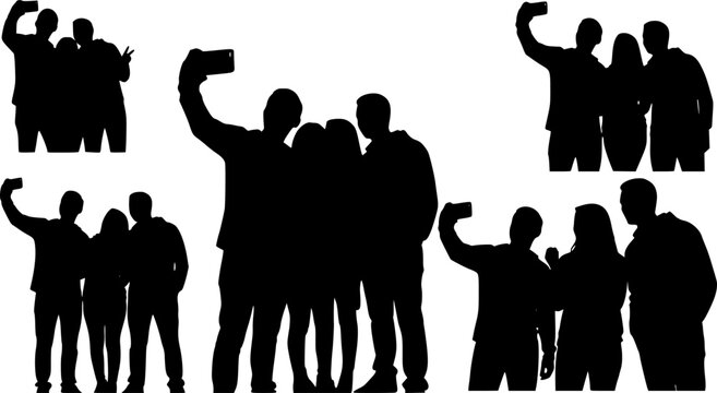 Silhouette group of people selfie different poses silhouette vector set on white background.
