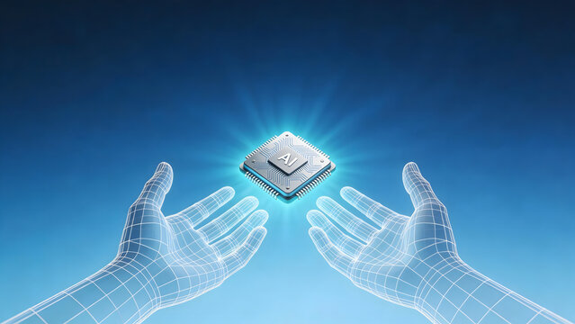 Hands holding AI chip against blue background
