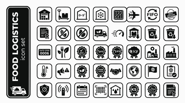 Food Beverage Logistics Bold Line Icons-HACCP FIFO BRC IFS SQF Farm-to-Fork Allergen Frozen Chilled Organic Fair Trade Recall-25 Food Logistics Icon Set Vector 