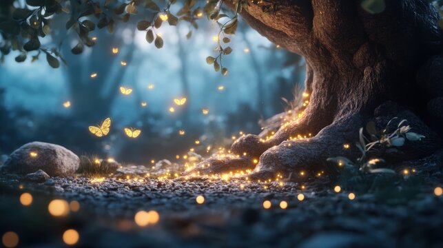 大木の根元で黄金に輝く蝶と光の粒子。幻想的な森の夜の風景。神秘的な魔法の世界とおとぎ話の描写
