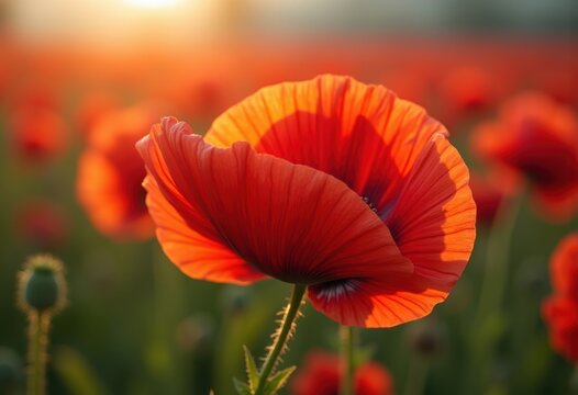 Beautiful Poppy Red Papery Petals Dancing in a Gentle Breeze Across Vibrant Green Fields.