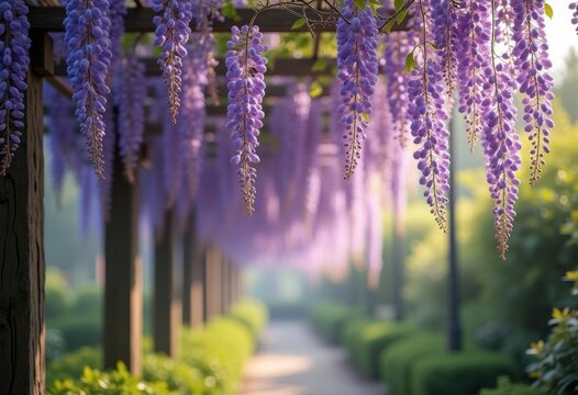 Cascading Wisteria Flower Clusters Over Pergola in Charming Atmosphere with Lush Gardens