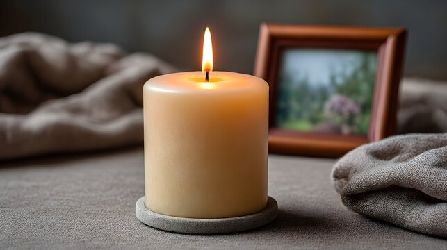 Burning candle on a table with blurred background of a picture frame and soft fabric.