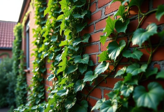 Climbing Ivy Evergreen Ground Cover Plant Facade Vibrant Texture Along Brick Wall
