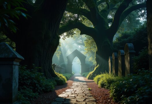 Dark Evergreen Yew Tree Cemetery Entrance Graveyard Mystical Shadows Evergreen Pines