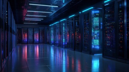 Fototapeta premium Data Fortress: A futuristic server room with rows of high-tech server cabinets bathed in the cool glow of blue and red neon lights, showcasing advanced data storage technology.