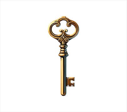 Golden old antique skeleton key with ornate handle and teeth