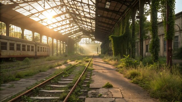 Abandoned Train Station Platform at Sunrise with Overgrown Vegetation