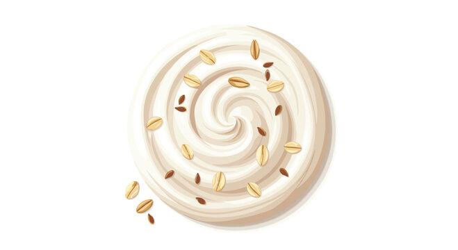 A creamy white swirl of yogurt is garnished with scattered oat flakes and flax seeds, viewed from directly above.
