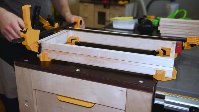 Set of clamps tools instruments for compressing and gluing wooden beams on work table in carpentry workshop, small business woodshop creating handmade items and furniture for home and living.