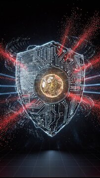 Digital shield blocking cyberattacks, encrypted circuits glowing, red threats disintegrating, golden AI core pulsing. AI generated cinematic loop
