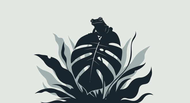 Silhouette of a Frog Perched on a Large Leaf.