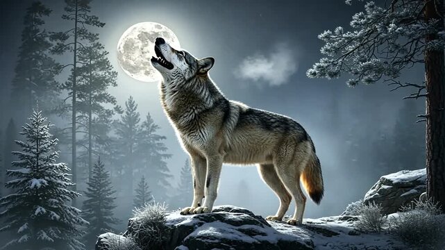 A majestic wolf howling at a full moon in a snowy forest, surrounded by tall pine trees